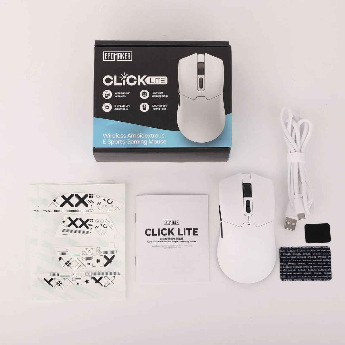 Mouse da gaming EPOMAKER Click Lite cablato/BT/wireless 2.4GHz con sensore PAW3311, da 800 a 24000 DPI e batteria da 500mAh per PC/Mac/Linux