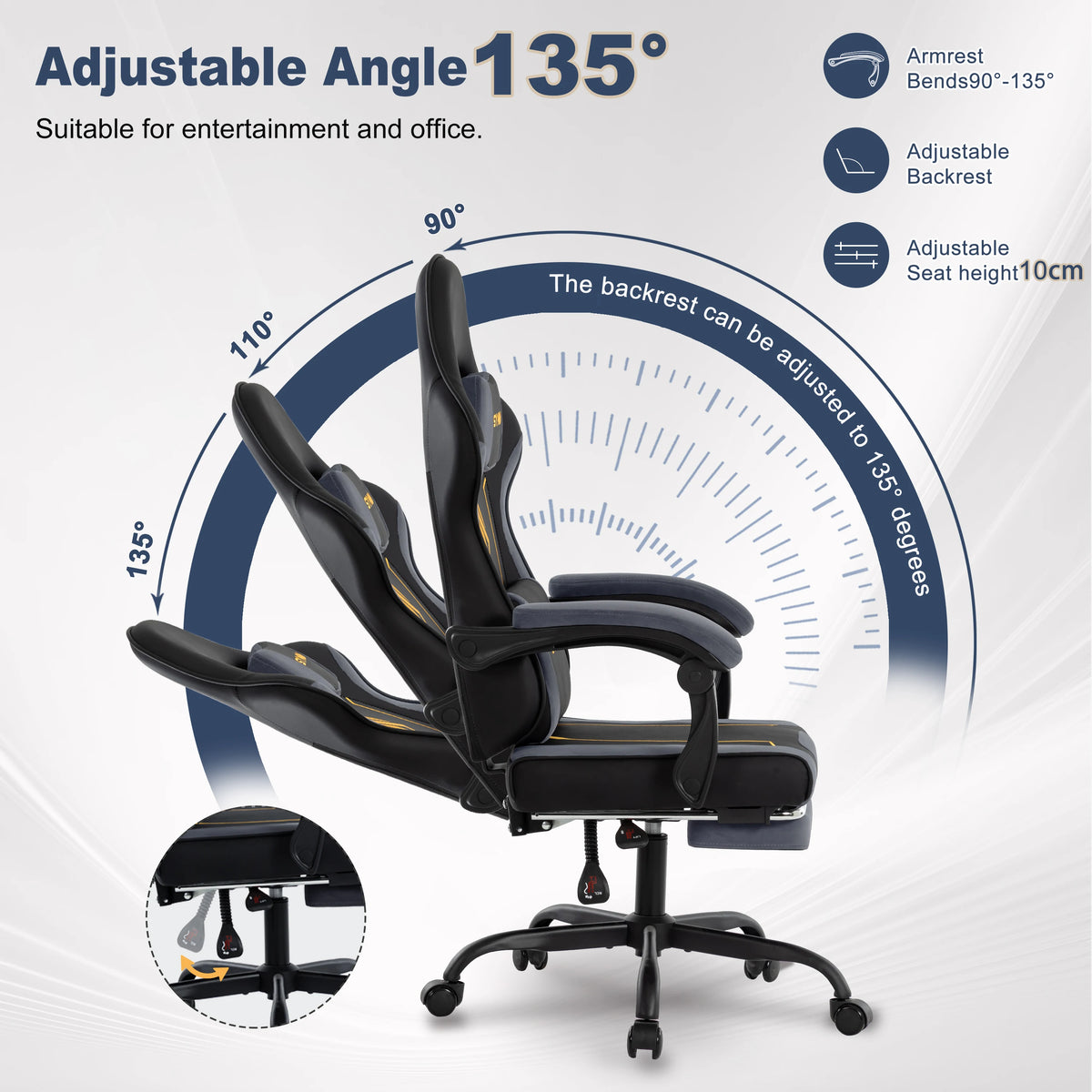 SYMINO Ergonomic Gaming Chair with Footrest, Latex Cushion Racing Style Gaming Chair, Adjustable Reclining Office Chair with Armrests & Wheels