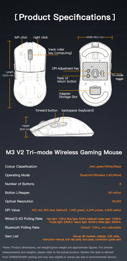 Ratón gaming Darmoshark M3 V2 Double 8K inalámbrico trimodo 26KDPI con sensor PAW3395, ratón macro para manos grandes para ordenador portátil y PC