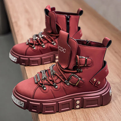 Fashion Rivet Black High top Sneakers Men Leather Design Luxury Shoes Street Gothic Punk Boots Men Motorcycle Boots Big Size 46