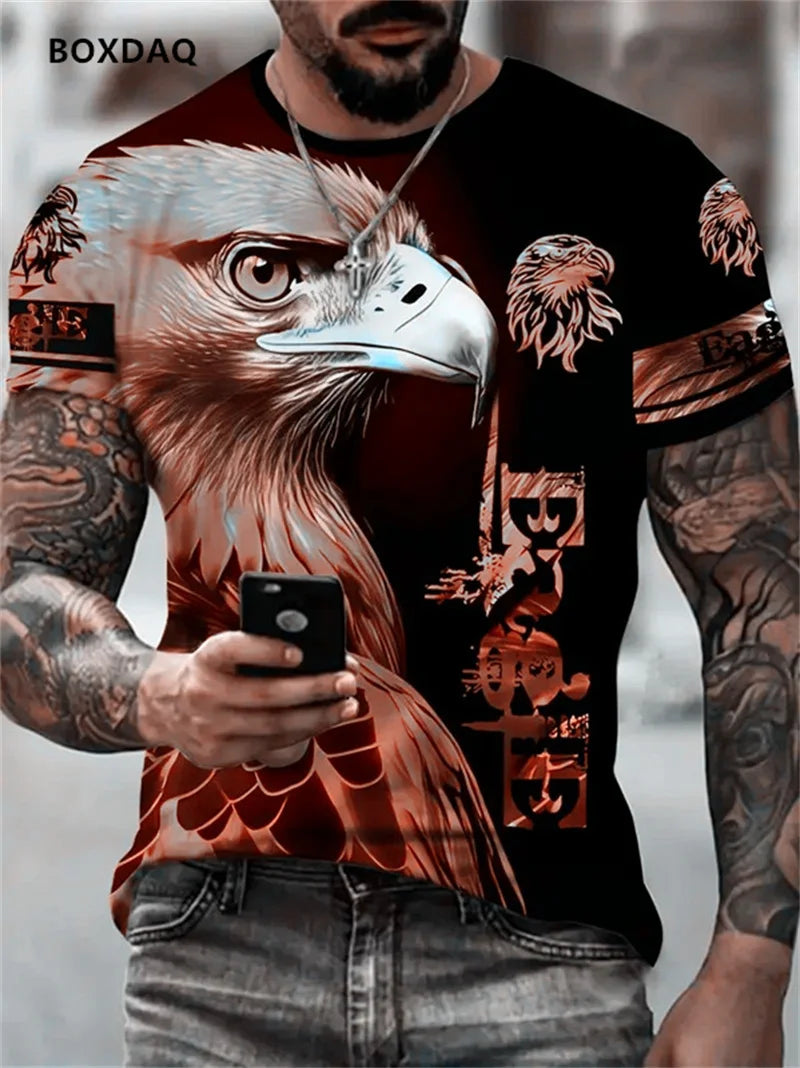 Pánské tričko Fashion Eagle, volný střih, kulatý výstřih, ležérní top s krátkým rukávem, 3D zvířecí potisk, street tričko, velká velikost 6XL, prodyšné tričko