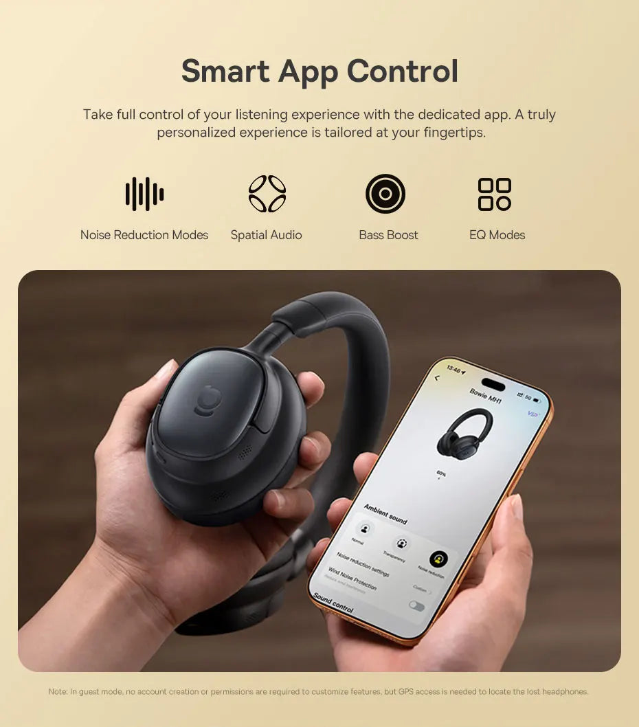 Baseus Bowie MH1 Bluetooth 6.0 Wireless Headphones with 48dB ANC, Hi-Res LDAC Audio, Baseus Bowie MH1 Noise Cancelling Over Ear Headset with 80H Battery