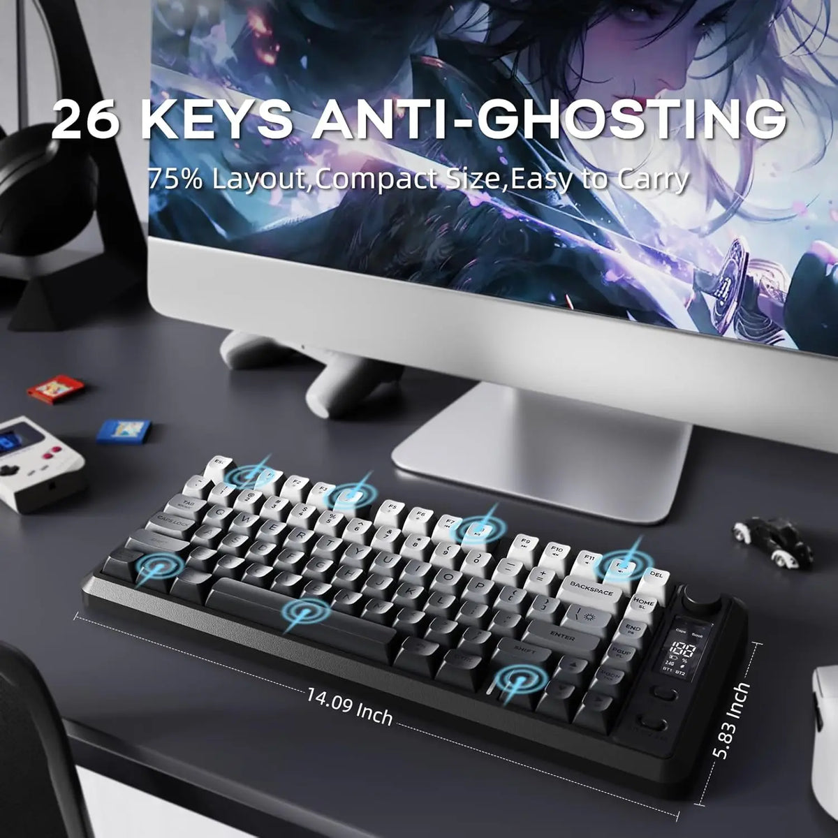 ATTACK SHARK M75 Wireless Membrane Gaming Keyboard with OLED Display, Bluetooth & 2.4GHz Tri-Mode, RGB Backlit PBT Keycaps, Multifunction Knob