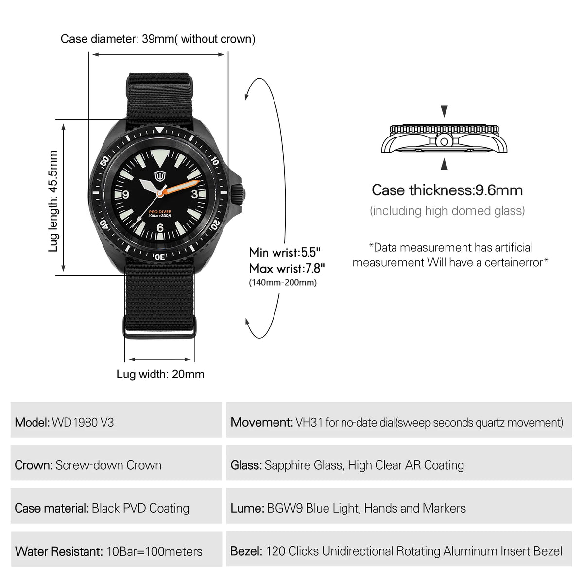 Watchdives WD1980 V3 38mm Men Watch Vintage VH31 Ronda 515 Sweep Seconds Quartz Movement Watches Luminous Sapphire Wristwatch