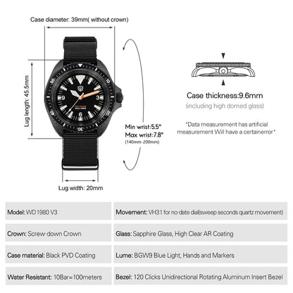 Watchdives WD1980 V3 38mm Men Watch Vintage VH31 Ronda 515 Sweep Seconds Quartz Movement Watches Luminous Sapphire Wristwatch
