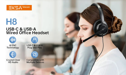 EKSA H8 Professional Office Headset with ENC Noise Cancelling Microphone, USB-A, USB-C & 3.5mm Wired Office Headset for PC, Laptop & Mobile