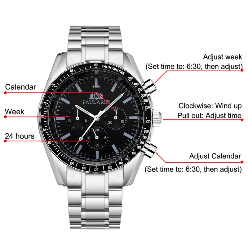 PAULAREIS P Brand Luxury Men Mechanical Watches Calendar Business Watch Mens Sports Waterproof Stainless Steel Automatic Watches
