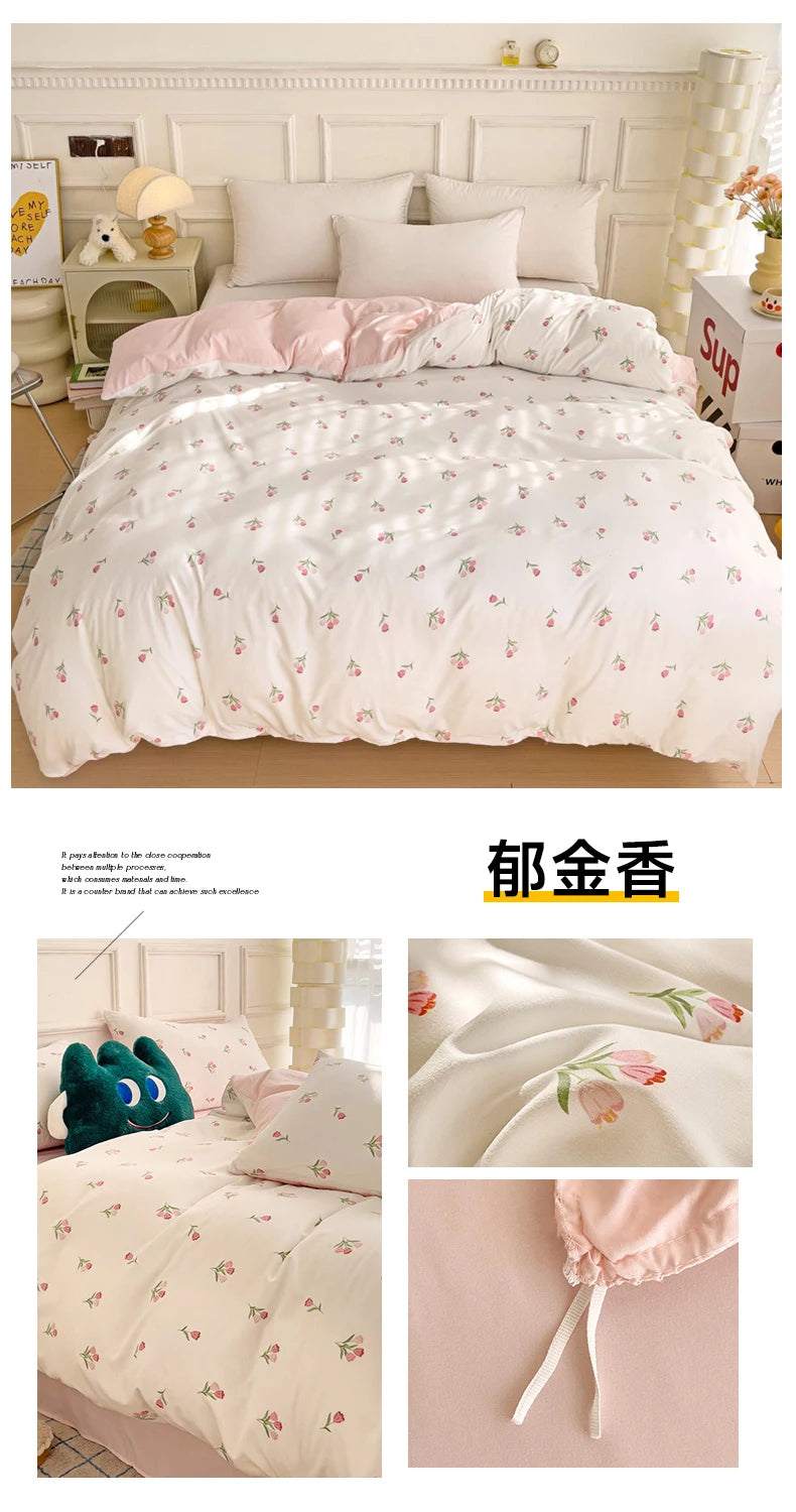 2025 new 3-piece cartoon heart-shaped plant floral print set, a duvet cover and a pair of pillowcases (no padding)
