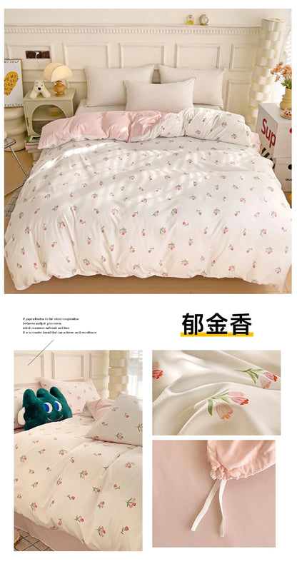2025 new 3-piece cartoon heart-shaped plant floral print set, a duvet cover and a pair of pillowcases (no padding)