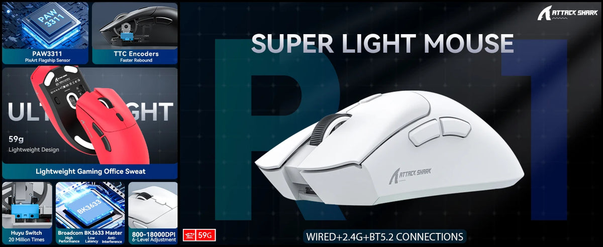 ATTACK SHARK R1 Tri-Mode Gaming Mouse, 18,000 DPI PixArt PAW3311 Wireless Gaming Mouse, 59g Ultralight Gaming Mouse for PC, Mac & Laptop