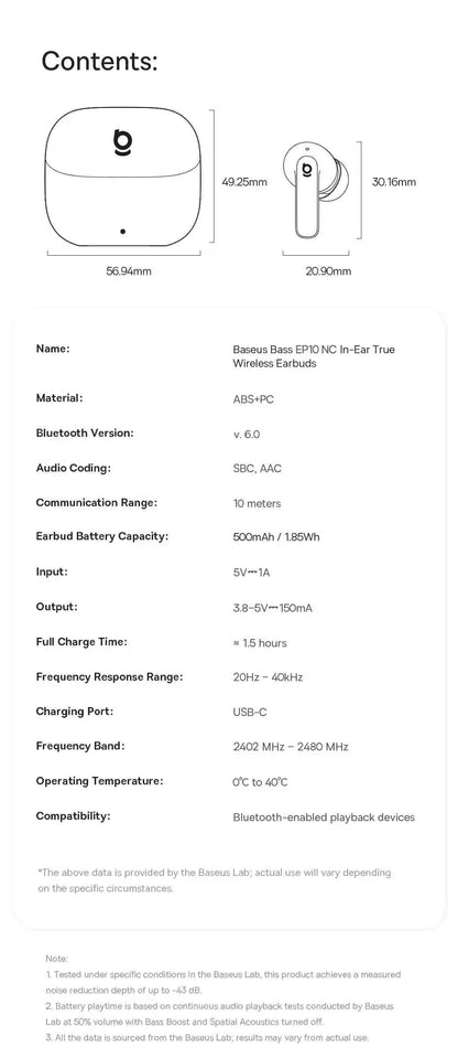 Baseus Bass EP10 NC True Wireless Earbuds Bluetooth 6.0 – ANC Noise Cancelling Earbuds with 4-Mic AI Clear Calls & 41H Playtime