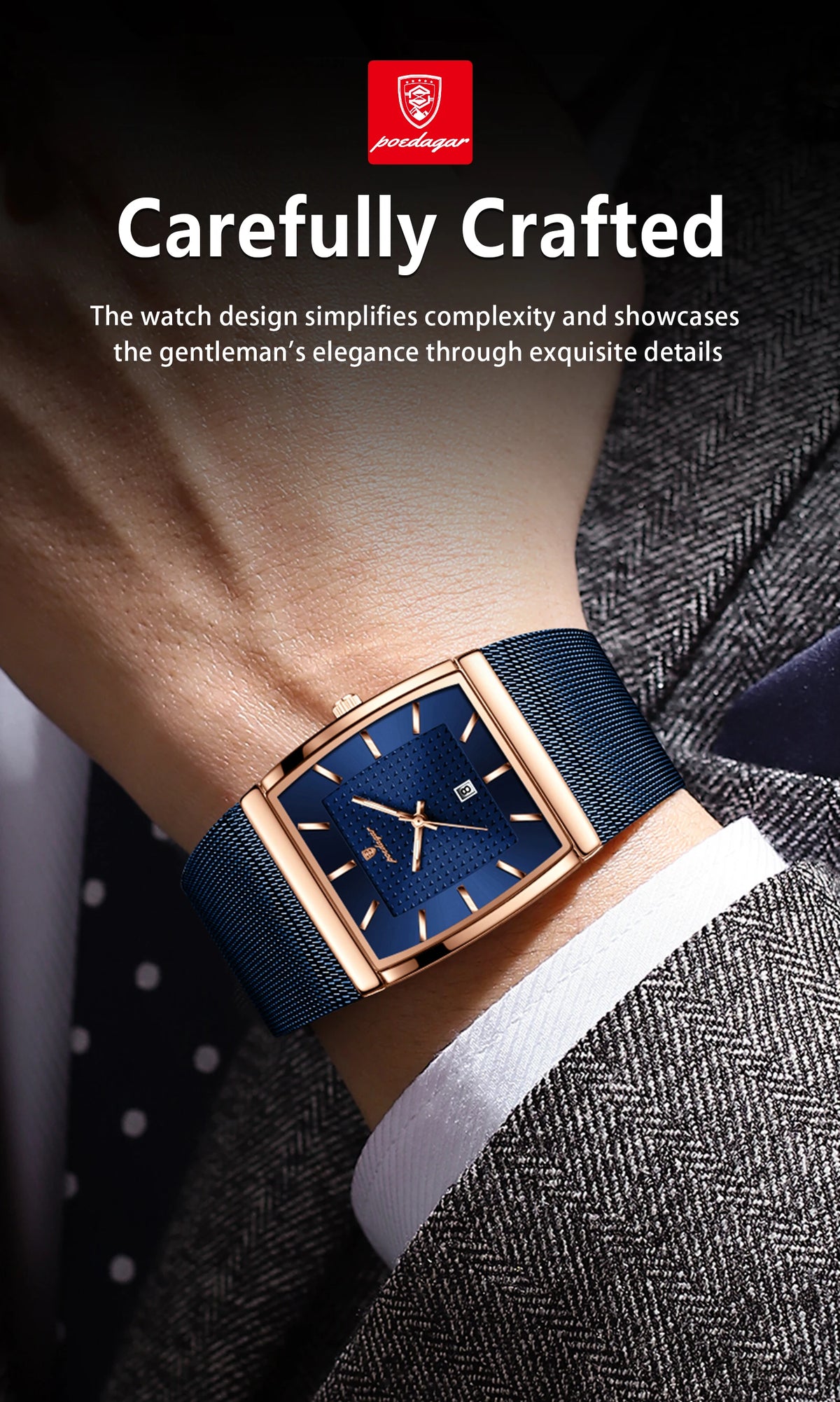POEDAGAR Men’s Luxury Rectangle Quartz Watch Stainless Steel Mesh Strap, Luminous Dial & Date
