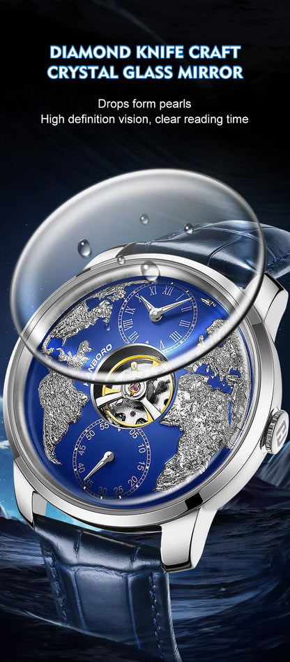 HANBORO World Time Series Men's Fully Automatic Mechanical Watch with Hollow Flywheel World Earth Personality Watch 1026