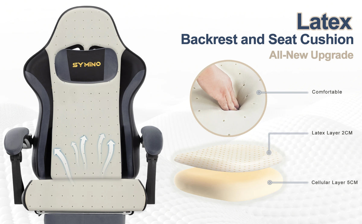SYMINO Ergonomic Gaming Chair with Footrest, Latex Cushion Racing Style Gaming Chair, Adjustable Reclining Office Chair with Armrests & Wheels