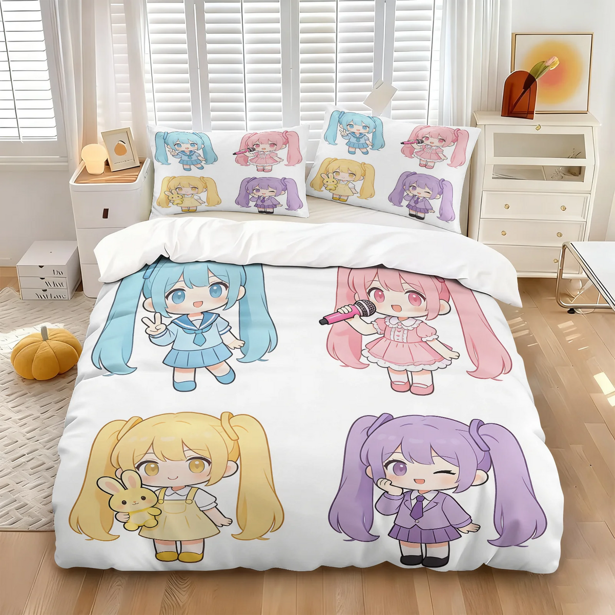 Conjunto de capa de edredão estilo chibi Hatsune Miku, roupa de cama anime adorável com fronhas, decoração para quarto gaming de adolescentes e crianças, presente para fãs