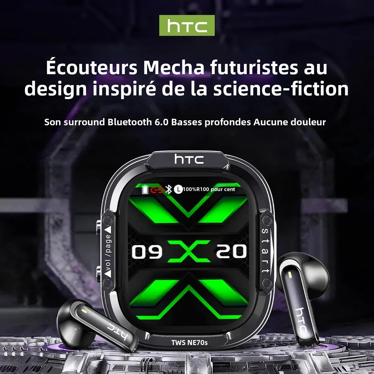 HTC NE70 Bluetooth 5.3 TWS Earbuds Touch Screen AI Translator Gaming Earphones with Noise Reduction, Deep Bass Wireless In-Ear Headphones