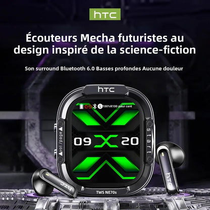 HTC NE70 Bluetooth 5.3 TWS Earbuds Touch Screen AI Translator Gaming Earphones with Noise Reduction, Deep Bass Wireless In-Ear Headphones