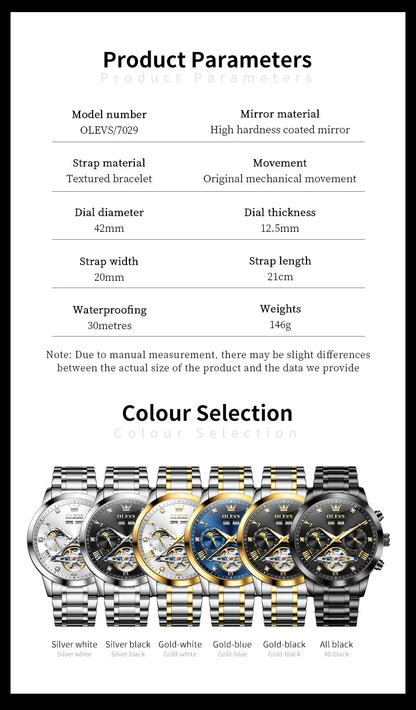 OLEVS Men's Watches - Moon Phase Hollow Flywheel Exclusive Original Automatic Mechanical Watches For Men Luxury Man Watch New 7029
