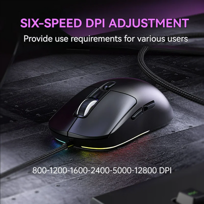 Ratón gaming con cable, 6 niveles de DPI ajustables hasta 12800DPI, chip A825 instantáneo, RGB, programación de macros, diseño ergonómico, ratón universal