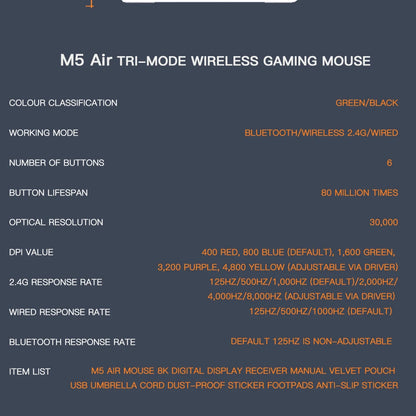 Mouse gaming wireless Darmoshark M5Air in fibra di carbonio forgiata 8K PAW3950 30K DPI per mani piccole, presa fingertip, macro di gioco, ultraleggero