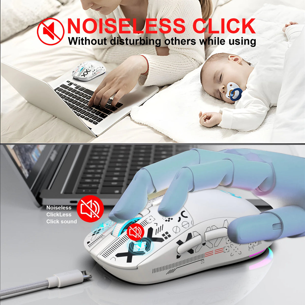 Mouse gaming Bluetooth a 3 modalità, ricaricabile, 2.4G USB wireless, con retroilluminazione RGB, per iPad, tablet, laptop e computer