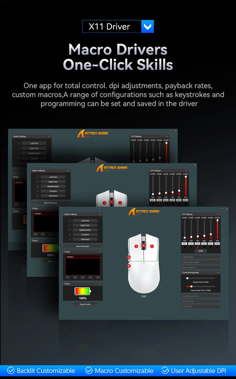 Mouse da gaming wireless ATTACK SHARK X11SE, tri-mode, ultraleggero 63g con sensore PAW3311, 22000 DPI, batteria 300mAh, doppio driver