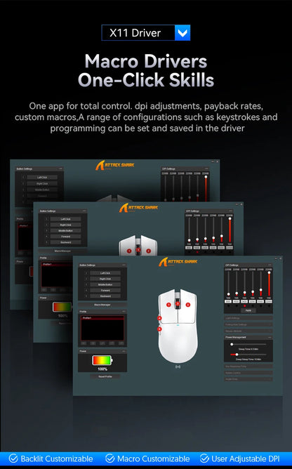 Mouse da gaming wireless ATTACK SHARK X11SE, tri-mode, ultraleggero 63g con sensore PAW3311, 22000 DPI, batteria 300mAh, doppio driver