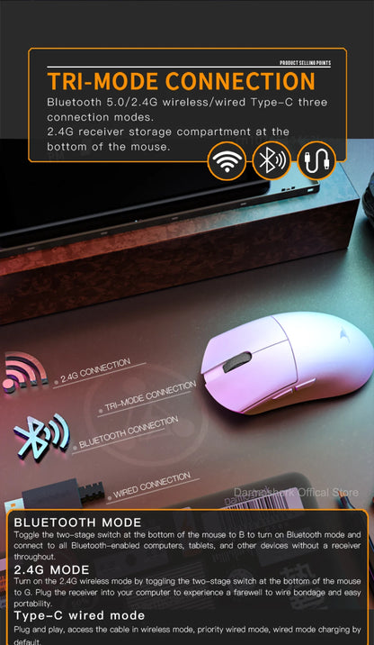 Ratón gaming Darmoshark M3Pro 2.4G BT inalámbrico trimodo con sensor PAW3395 N52840, 26000DPI, para manos grandes, controlador macro para gaming