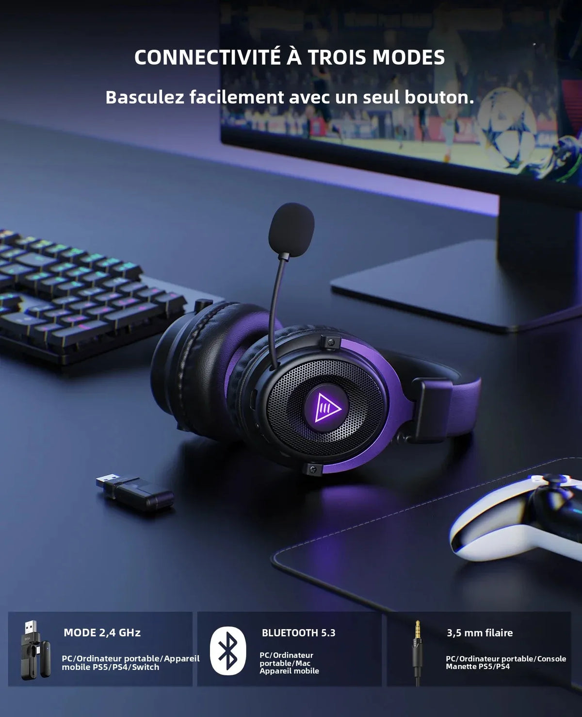 OneOdio EKSA E900 WT Wireless Gaming Headset Tri-Mode Bluetooth 5.3, 2.4GHz RGB Gaming Headset with Noise Cancelling Mic, 80H Battery for PC, PS5, PS4