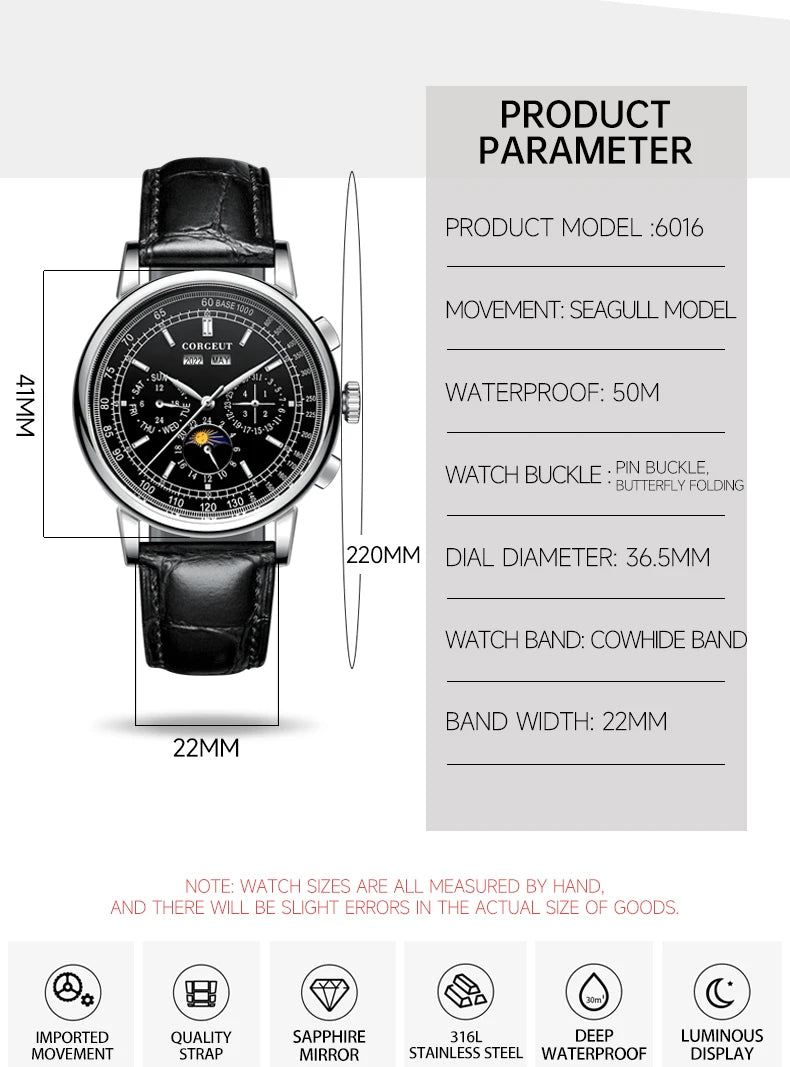 CORGEUT Automatic Mechanical Luxury Watches For Man Business Multification Date Day Month Year 316L Mechanical Men's Watches
