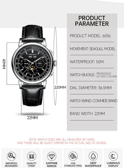 CORGEUT Automatic Mechanical Luxury Watches For Man Business Multification Date Day Month Year 316L Mechanical Men's Watches