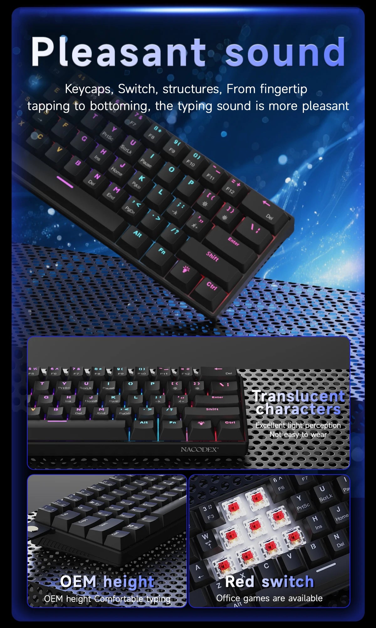 AJAZZ NK61 Wired 61-Key Gaming Mechanical Keyboard 60% RGB Lighting Hot-Swappable Red Switches 61 Keys Suitable for Gamers