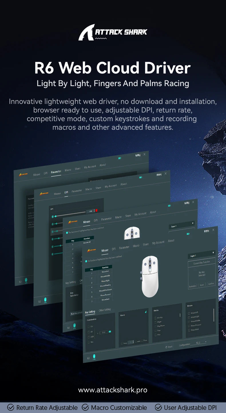 Mouse gaming wireless ATTACK SHARK R6 PAW3950MAX, polling 8Khz, ultraleggero 39g, MCU Nordic 52840, microswitch ottici Omron