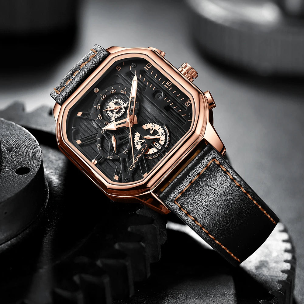 CRRJU Fashion Square Dial Leather Mens Watches Luxury Sport Waterproof Watch Man Chronograph Quartz WristWatches Homme+Box
