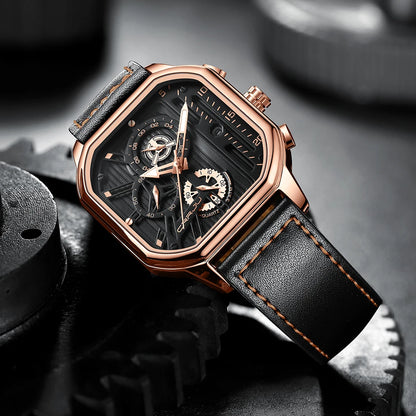 CRRJU Fashion Square Dial Leather Mens Watches Luxury Sport Waterproof Watch Man Chronograph Quartz WristWatches Homme+Box