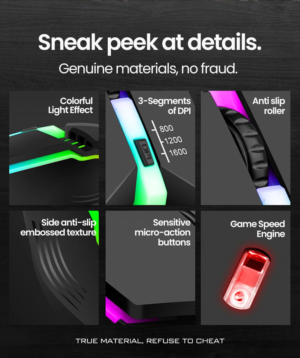 RGB laidinė USB žaidimų pelė su pašvietimu, nutildymo funkcija ir LED švytėjimu, skirta stacionariam PC, nešiojamajam kompiuteriui, namams ir biurui, 1600DPI