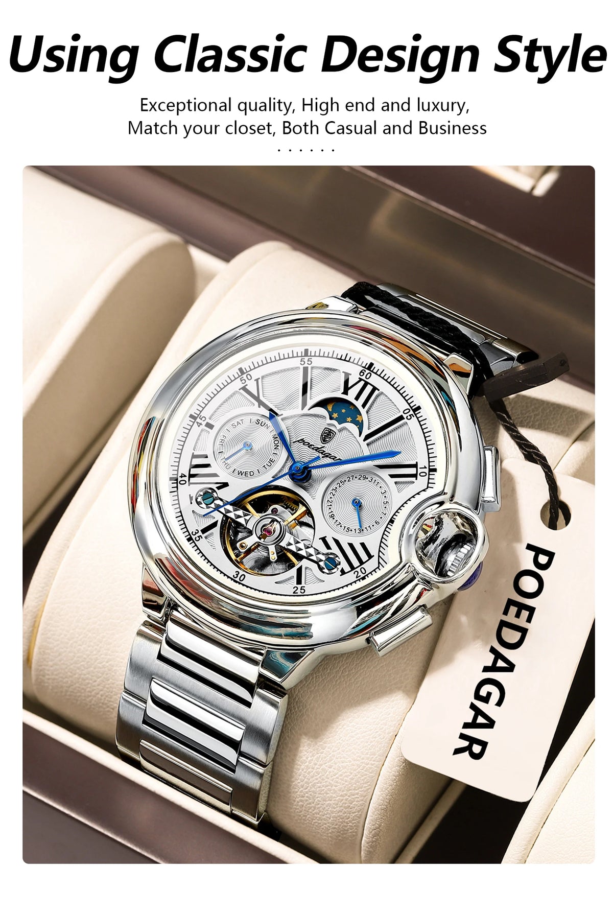POEDAGAR Luxury Male Watch Tourbillon Date Week Stainless Steel Men Watch Waterproof Automatic Mechanical Military Men's Watches
