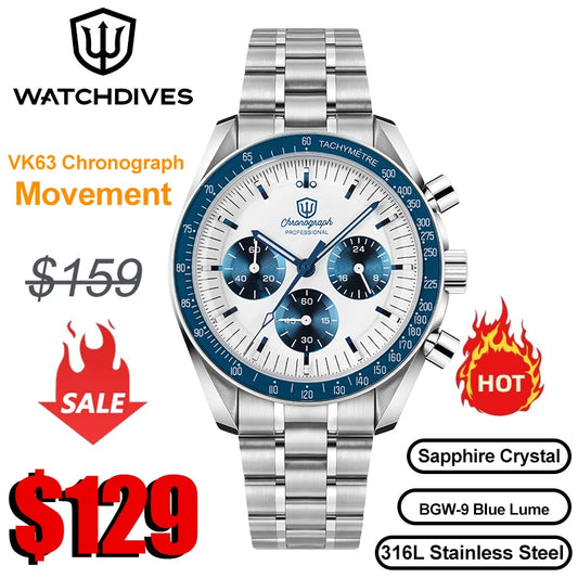 Watchdives WD1863 Watch VK63 Quartz Chronograph Movement Bubble Sapphire Crystal 100m Waterproof Luminous 39mm Vintage Watches