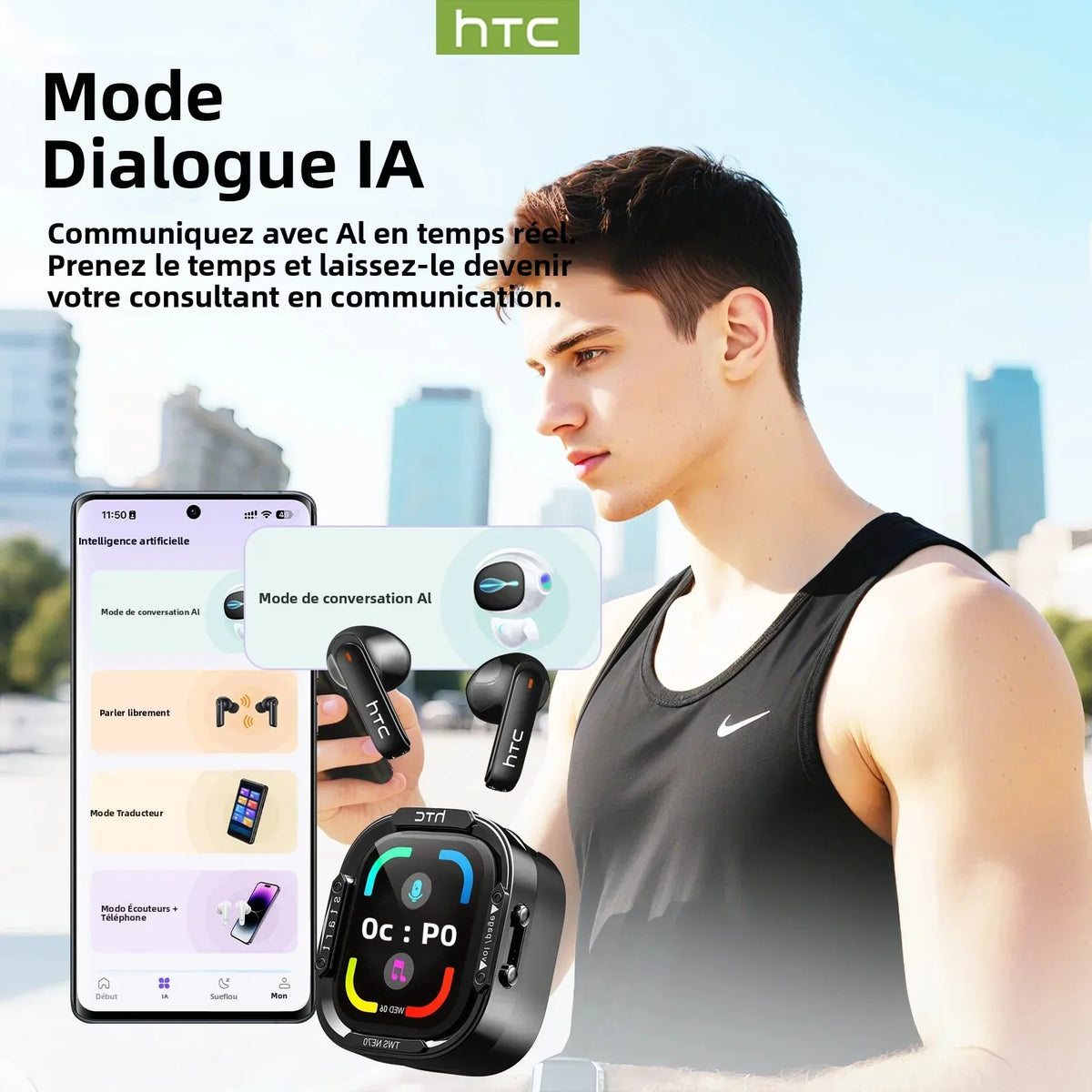 HTC NE70 Bluetooth 5.3 TWS Earbuds Touch Screen AI Translator Gaming Earphones with Noise Reduction, Deep Bass Wireless In-Ear Headphones