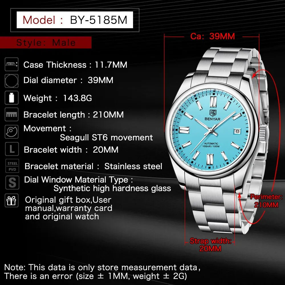 BENYAR New BY-5185M Luxury Automatic Watch 10Bar Waterproof Stainless Steel Men's Mechanical Watch Men's Sports Watch