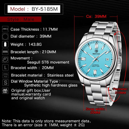 BENYAR New BY-5185M Luxury Automatic Watch 10Bar Waterproof Stainless Steel Men's Mechanical Watch Men's Sports Watch