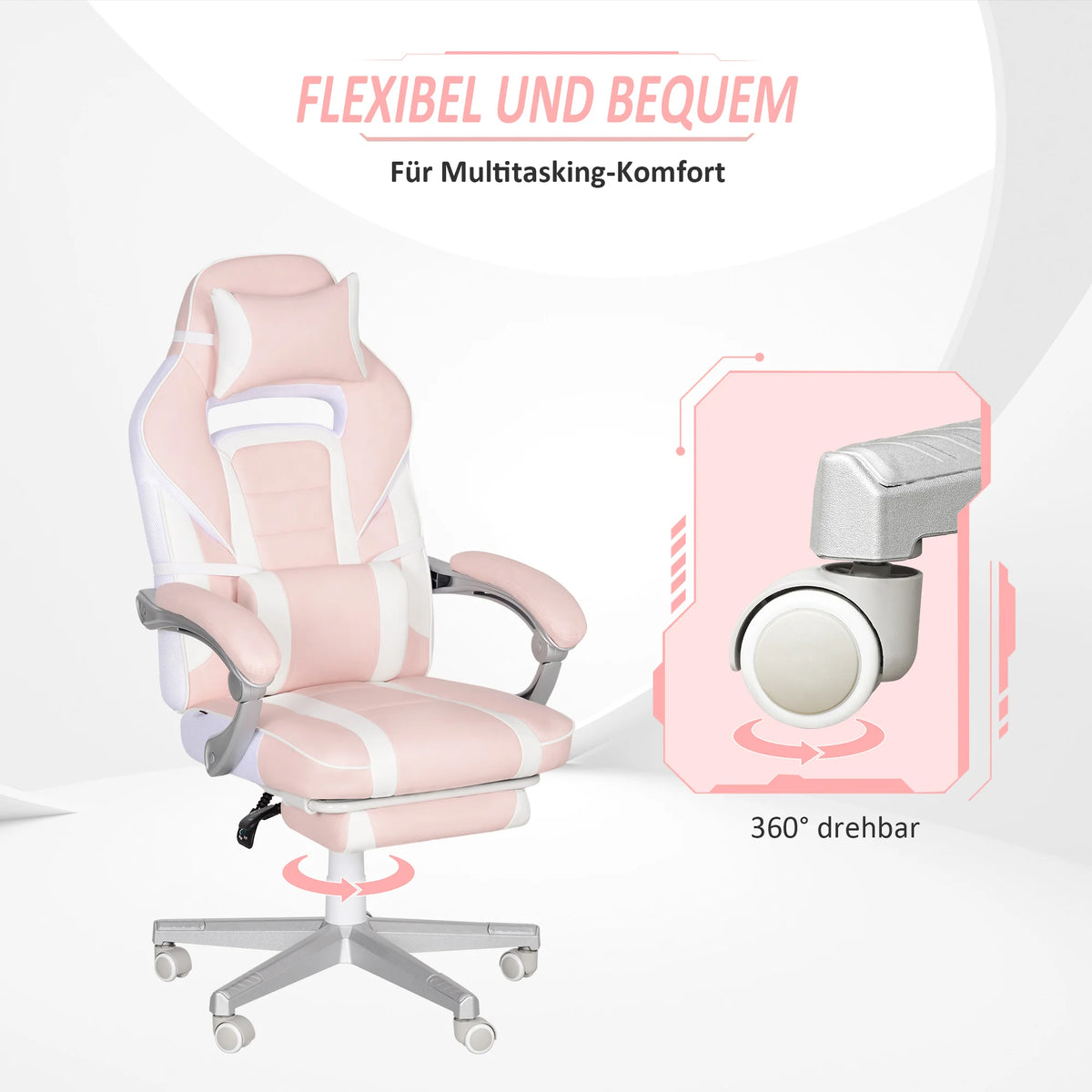 Pink Gaming Chair with Footrest, Adjustable High Back Gaming Chair with Headrest & Lumbar Pillow, 360° Swivel Ergonomic Faux Leather Gaming Chair for Office & Gaming