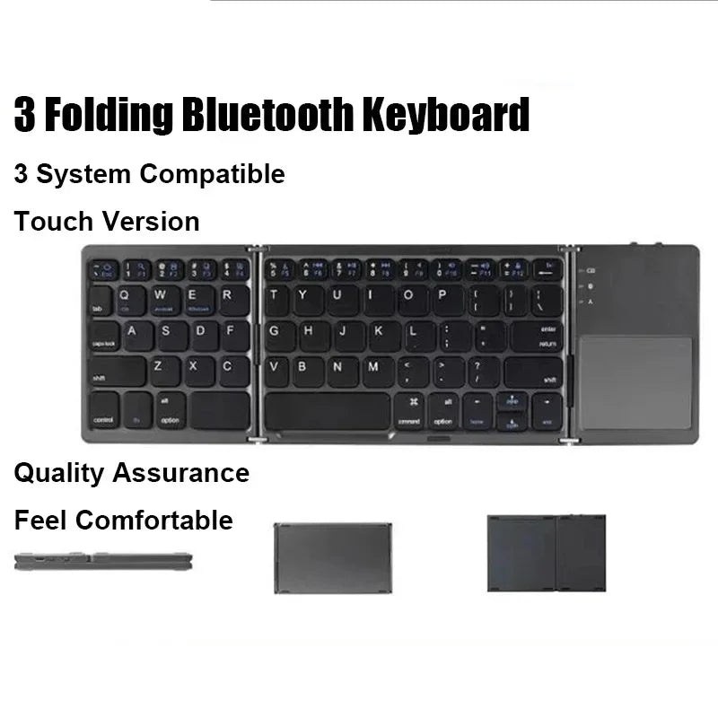 Three Bluetooth Keyboard with Touchpad Tri-fold Keyboard Mini Keyboard Rechargeable Keyboard for PC Windows Android IOS Mac