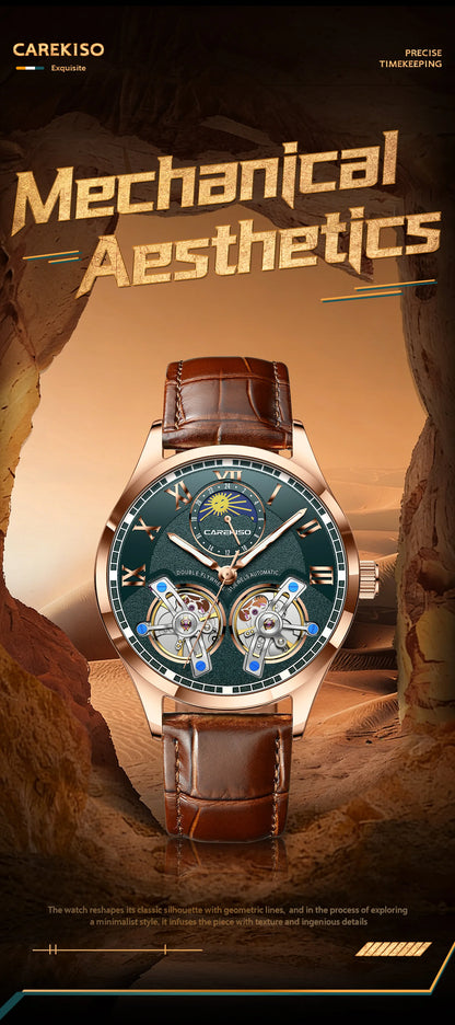 CAREKISO Fashion Men Clock Double Hollow Tourbillon Automatic Mechanical Man Watch Waterproof Luminous Leather Men's Watches+Box