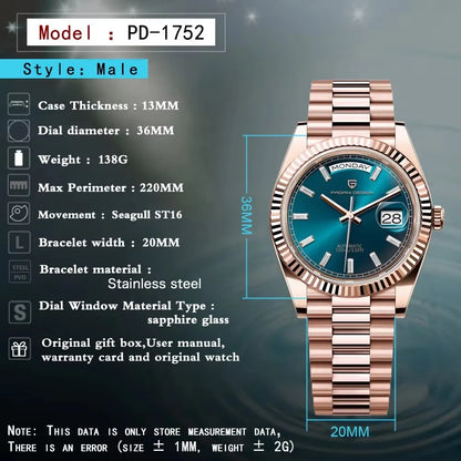 2025 New PAGANI DESIGN Men's Watch DD36 Rose Gold Luxury Automatic Watch For Men Mechanical Wristwatches Sapphire Mirror Clock