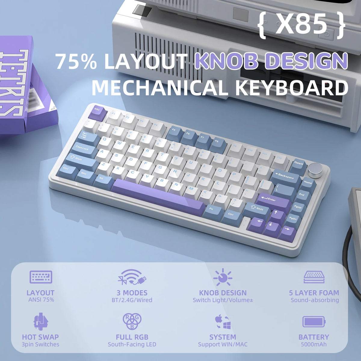 ATTACK SHARK X85 Tri-Mode Gasket Mechanical Keyboard 75% Wireless Hot Swappable RGB Gaming Keyboard with CNC Knob, 5-Layer Sound Dampening & NKRO