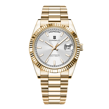 CORGEUT NH36 Mechanical Men's Watch Date of the Week Show President Chain Strap Steel Case Watch Threaded Arc Bezel waterp