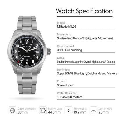 Relógio de quartzo Militado ML08 com movimento Ronda 515, vidro de safira abaulado, relógio de pulso BGW9, luminiscente, resistente à água até 10 bar, 38 mm, relógios para homem