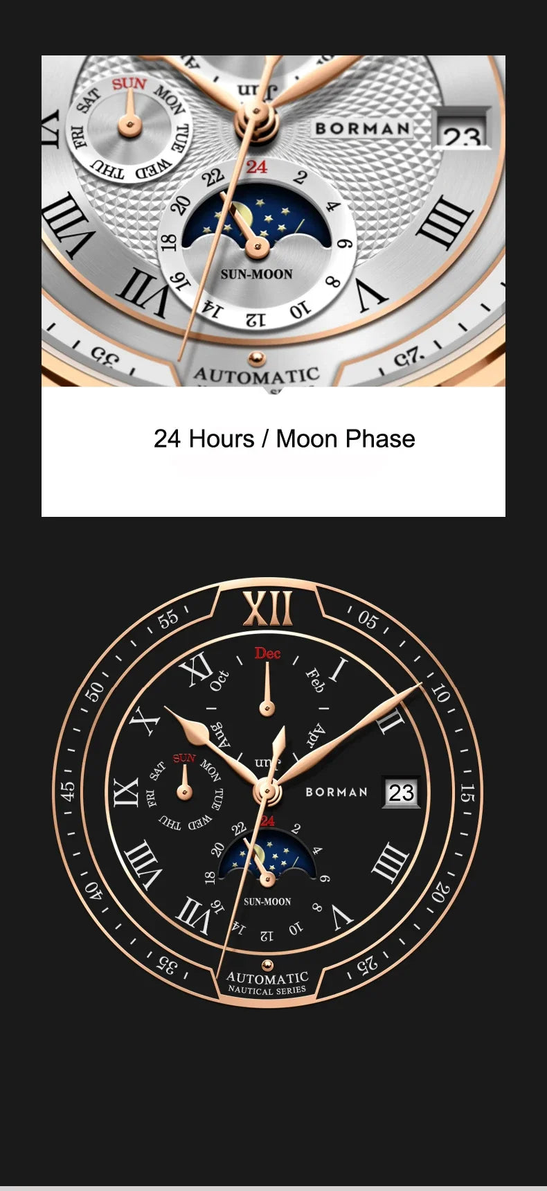 BORMAN BM3868 Novos relógios de pulso automáticos mecânicos de luxo para homem, 40 mm, com vidro de safira, multifunções, à prova de água e com fase lunar