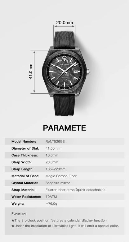 Leuchtende Automatikuhr aus Carbonfaser, 40 mm, Luxus-Taucheruhr, 100 m wasserdicht, Automatikuhr für Herren, Japan Miyota 8215 Uhrwerk
